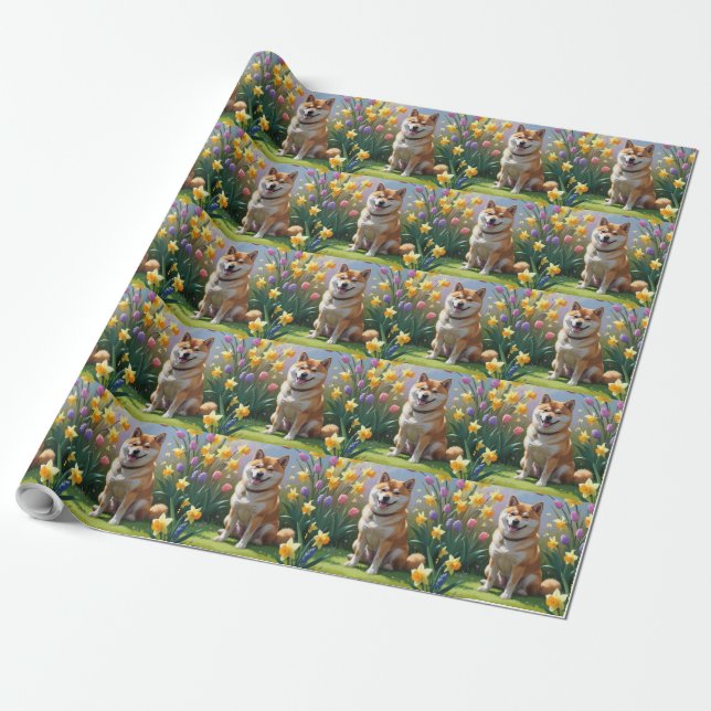 Papel De Presente Pintura de Flores de Primavera do Cão Shiba Inu (Desenrolado)