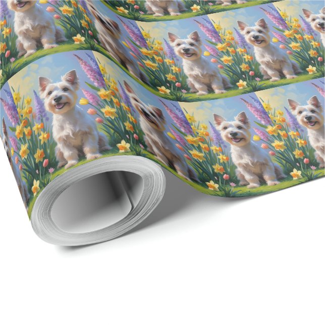 Papel De Presente Pintura de Flores de Primavera do Cão Terrier Esco (Ponta do rolo)