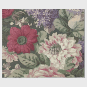 Papel De Presente Pintura de flores vintage vermelho rosa azul branc