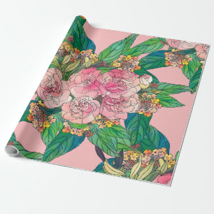 Papel De Presente Pintura De Mão Floral De Cor D'Água Rosa