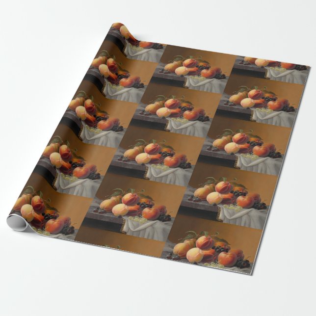 Papel De Presente Pintura de Natureza Morta de Frutas com Pêssegos e (Desenrolado)