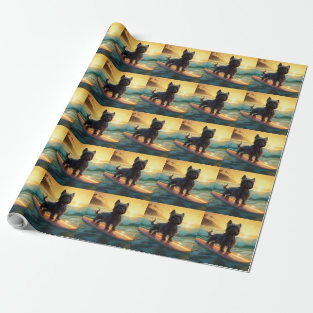 Papel De Presente Pintura de Surf na Praia de Affenpinscher (Desenrolado)