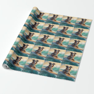 Papel De Presente Pintura de Surf na Praia do Australian Shepherd