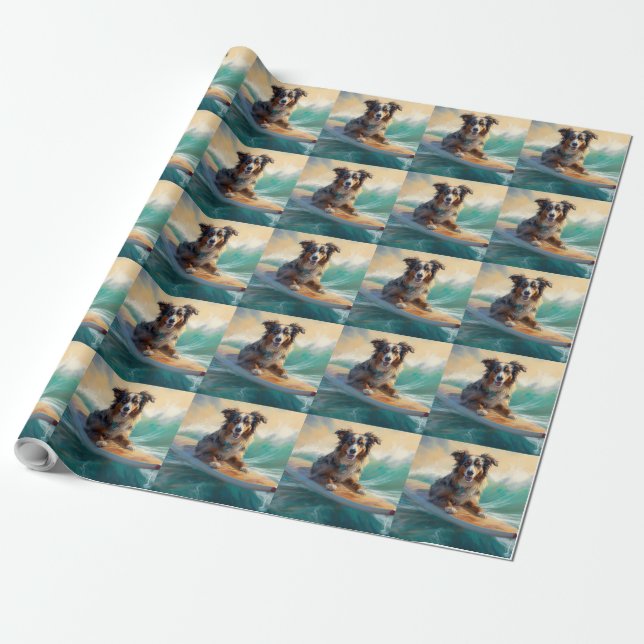 Papel De Presente Pintura de Surf na Praia do Australian Shepherd (Desenrolado)