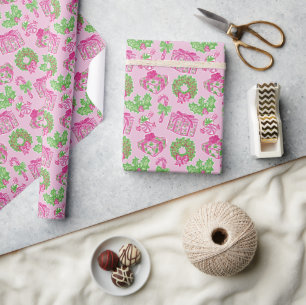 Papel De Presente Píquete de Cachorro Rosa e Arcos Verdes