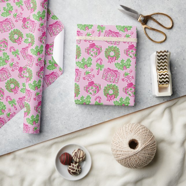 Papel De Presente Píquete de Cachorro Rosa e Arcos Verdes (Artesanato)