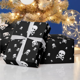 Papel De Presente Piratas Brancos Pequenos Caveiras em Fundo Preto