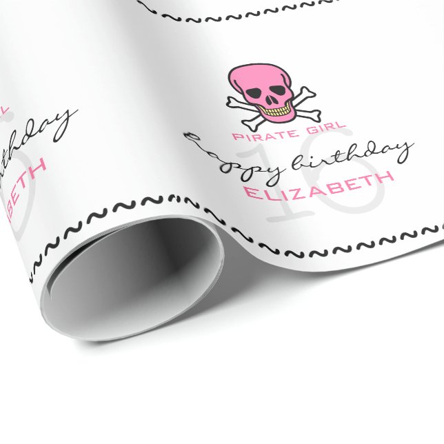 Papel De Presente Pirate Girl Pink Skull Personalizada 16.º Aniversá (Ponta do rolo)