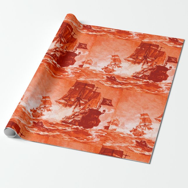 PAPEL DE PRESENTE PIRATE SHIP BATTTTTLE IN RED (Desenrolado)