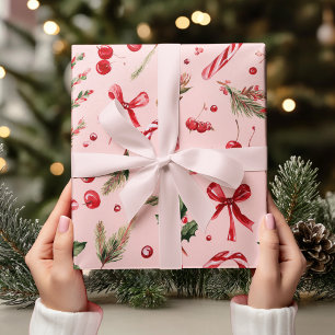 Papel De Presente Pirulito de Natal Rosa e Vermelho em Aquarela