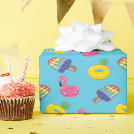 Papel De Presente Piscinas flutuam no verão azul-claro e rosa com pa