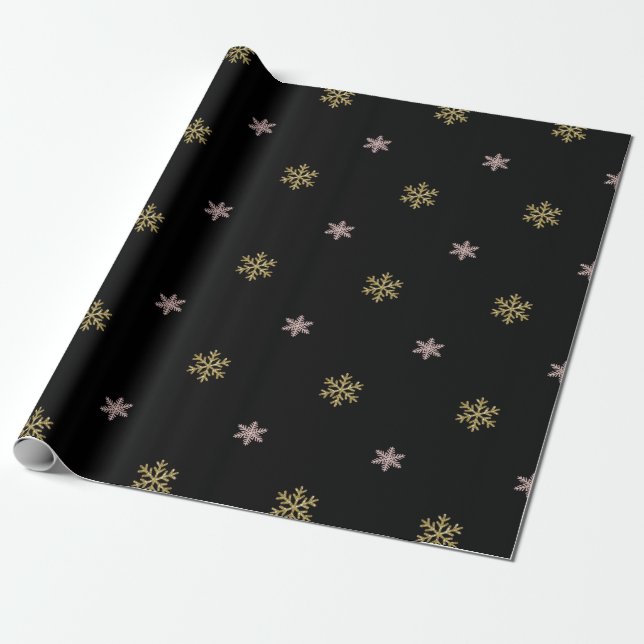 Papel De Presente Pitada dourada e flocos de neve rosa no Natal pret (Desenrolado)