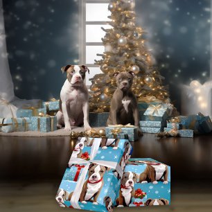 Papel De Presente PitBull Piebald de Natal Fitas Vermelhas Fitas