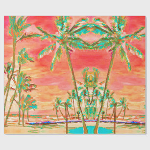 Papel De Presente PixDezines Pôr do Sol Praia Havaiana/Coral/Teal