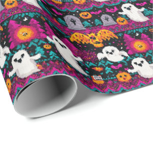 Papel De Presente Pixel Ghosts Halloween Sweater Padrão