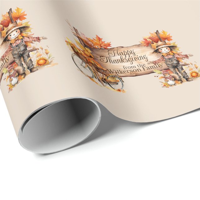 Papel De Presente Placa de Madeira de Ação de Graças & Cena de Outon (Ponta do rolo)