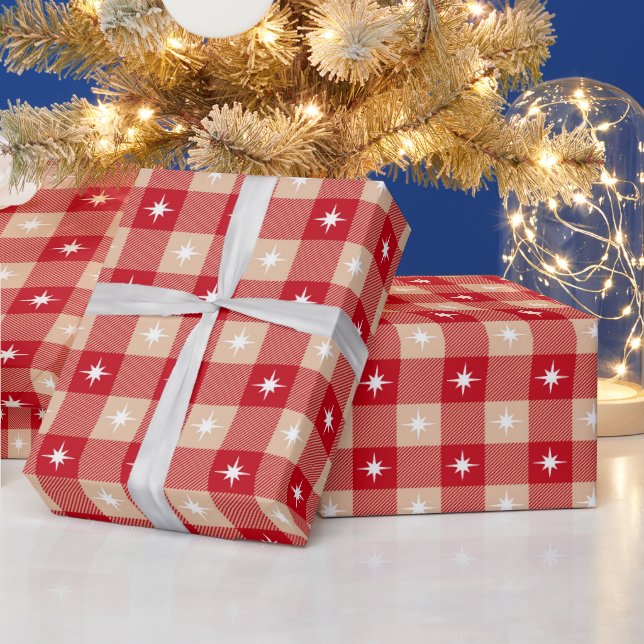 Papel De Presente Plaid Country Rústico Natal Búfalo Bege Vermelho (Feriados)
