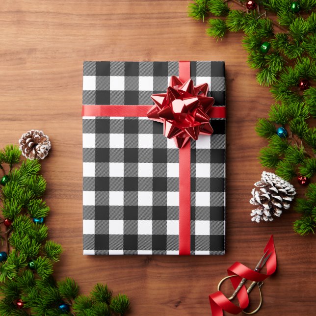 Papel De Presente Plaid de Natal Rústico Preto e Branco Mini Búfalo (Presente de Natal)