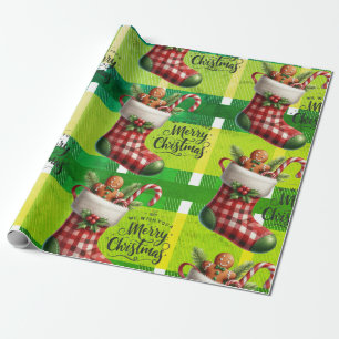 Papel De Presente Plaid de Natal Verde Brilhante Feriado Gingerbread