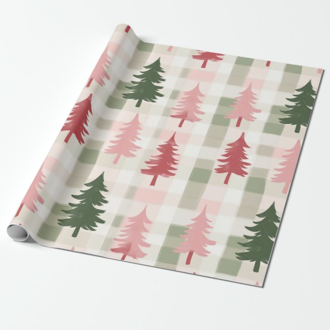 Papel De Presente Plaid Moderno de Natal com Árvore de Pinheiro Rosa (Desenrolado)