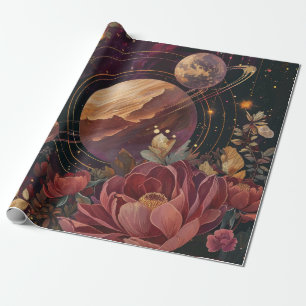 Papel De Presente Planeta Anelado com Cristal Cósmico Arte Fantasia