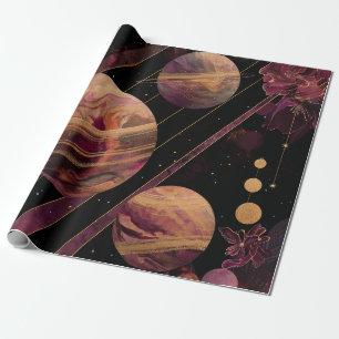 Papel De Presente Planeta Anelado com Cristal Cósmico Arte Fantasia