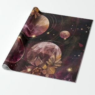 Papel De Presente Planeta Anelado com Cristal Cósmico Arte Fantasia