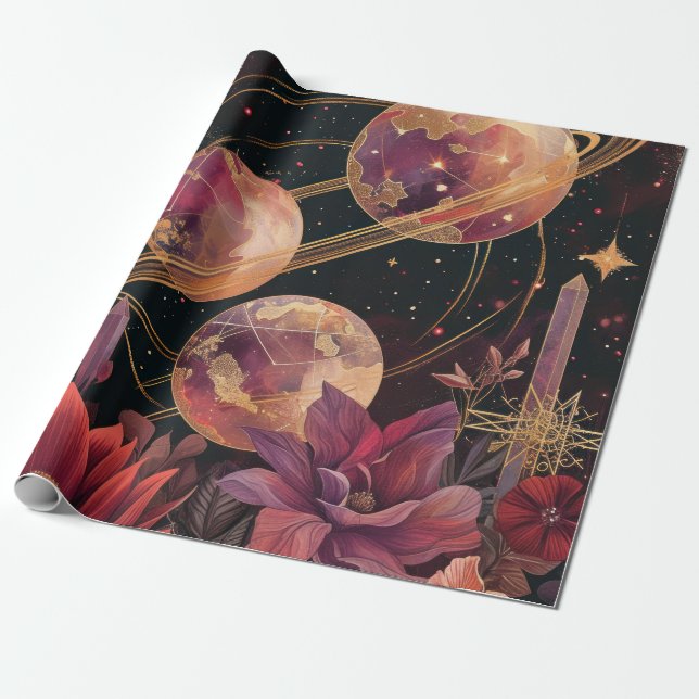 Papel De Presente Planeta Celeste com Anel Dourado Roxo Jardim (Desenrolado)