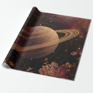 Papel De Presente Planeta com Anel de Cristal Cósmico Arte Fantasia