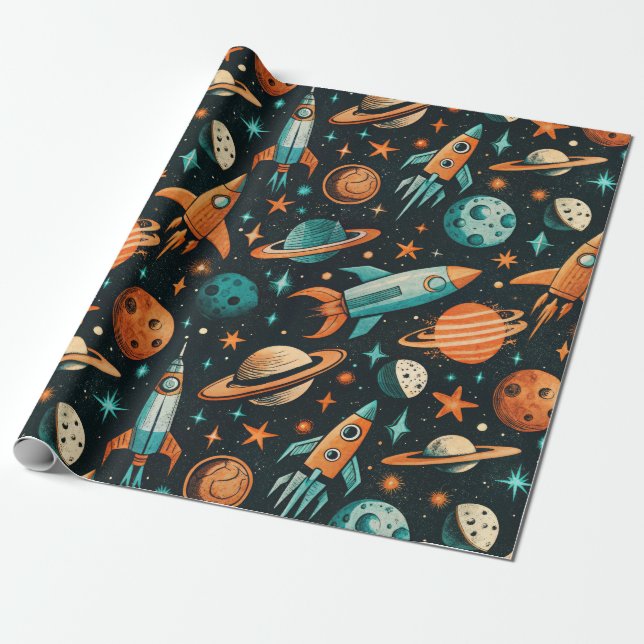 Papel De Presente Planetas Sonhadores Spacecore Azul Turquesa Laranj (Desenrolado)