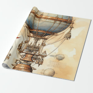 Papel De Presente Plano de dirigível globo Steampunk em azul, latão 
