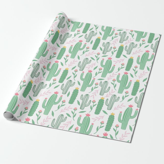 Papel De Presente Planta de Cacto Verde Padrão Roxo (Desenrolado)