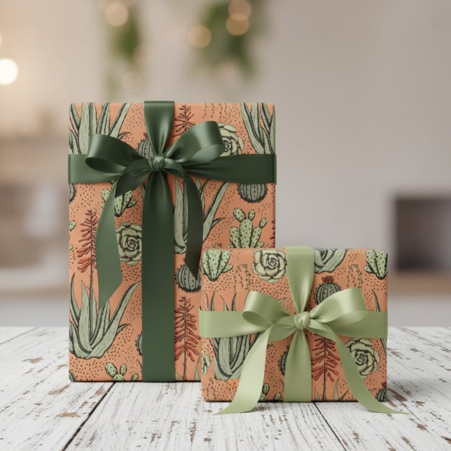 Papel De Presente Planta Lover Orange Aloe Vera Succults Cactus (Botanical Aloe Vera Plant Wrapping Paper 4 Plant Nature Lover. Green Aloe & Cactus Southwest Pattern)