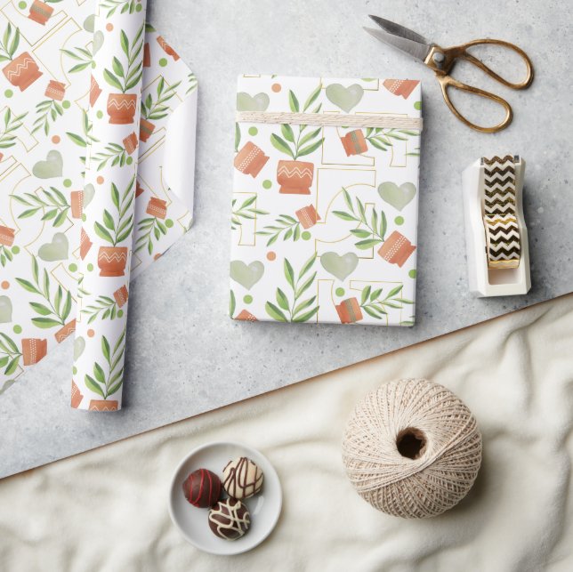 Papel De Presente Plantas Domésticas Em Potes Cerâmicos Padrão De Aq (Artesanato)