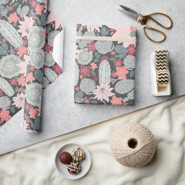 Papel De Presente Plantas Suculentas E Padrão De Cactus Em Casa Rosa (Artesanato)