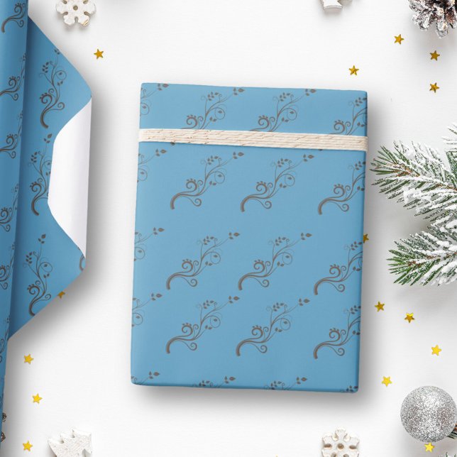 Papel De Presente Plantas Trepadeiras Elegantes Padrão Azul Marrom (Criador carregado)