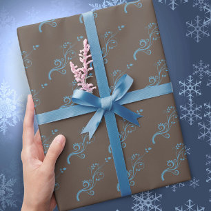 Papel De Presente Plantas Trepadeiras Elegantes Padrão Azul Marrom