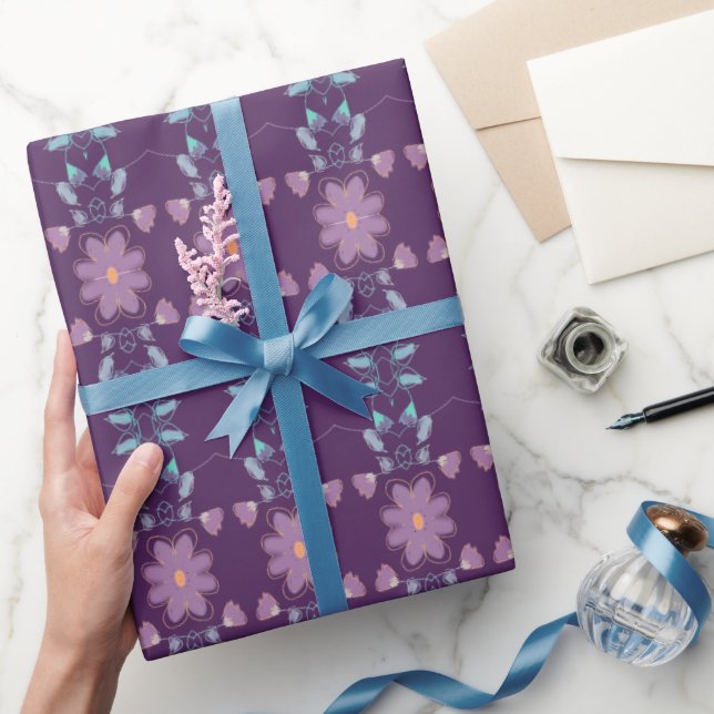 Papel De Presente Plum Purple e Blue Floral (Presentear)