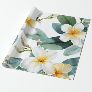 Papel De Presente Plumeria Verde Branco Havaí Frangipani Tropical