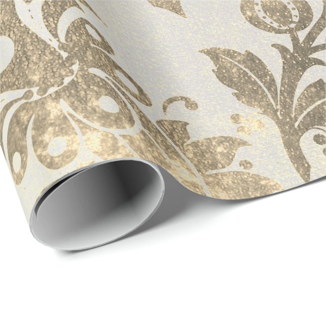 Papel De Presente Pó Floral Grungy Damask Sepia Champagne Dourado (Ponta do rolo)