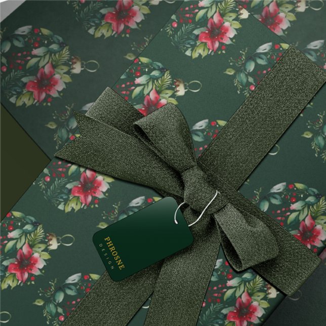 Papel De Presente Pobreza Verde da Aquarela do Natal - Poinsettia Bo (Criador carregado)