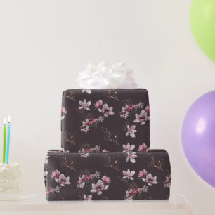 Papel De Presente Poeira Nupcial de Borgonha Flores e Pássaros em Aq