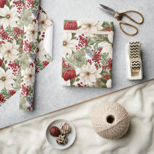 Papel De Presente Poinsétia Branca, Natal Floral Vermelho  