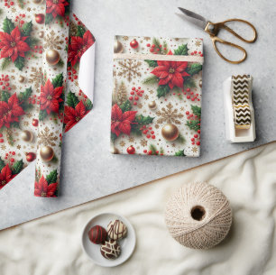 Papel De Presente Poinsétia Vermelha de Natal Floco de Neve Dourado