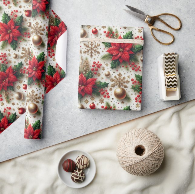Papel De Presente Poinsétia Vermelha de Natal Floco de Neve Dourado  (Artesanato)