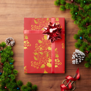 Papel De Presente Poinsétias Árvores de Natal em Folha de Ouro Falsa