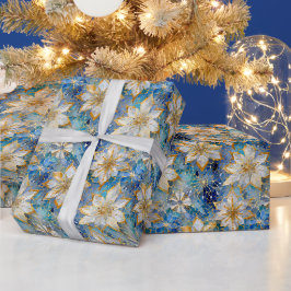 Papel De Presente Poinsétias de Natal Azul Branco Dourado