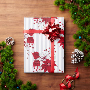Papel De Presente Poinsétias Vermelhas e Brancas Florais Natal Féria