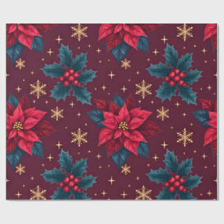 Papel De Presente Poinsettia Borgonha & Floco de Neve Dourado Femini
