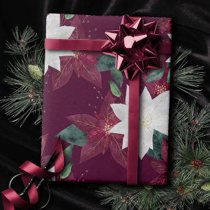 Papel De Presente Poinsettia Burgundy e Teal Winter Holiday Floral